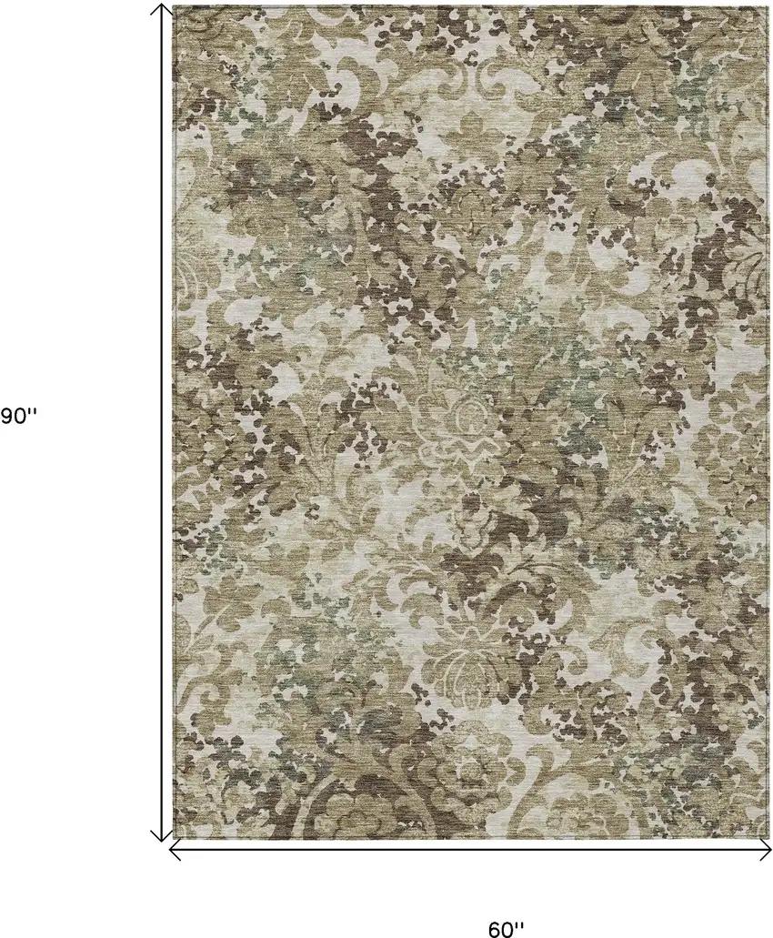 Beige Taupe And Brown Floral Washable Indoor Outdoor Area Rug Photo 9