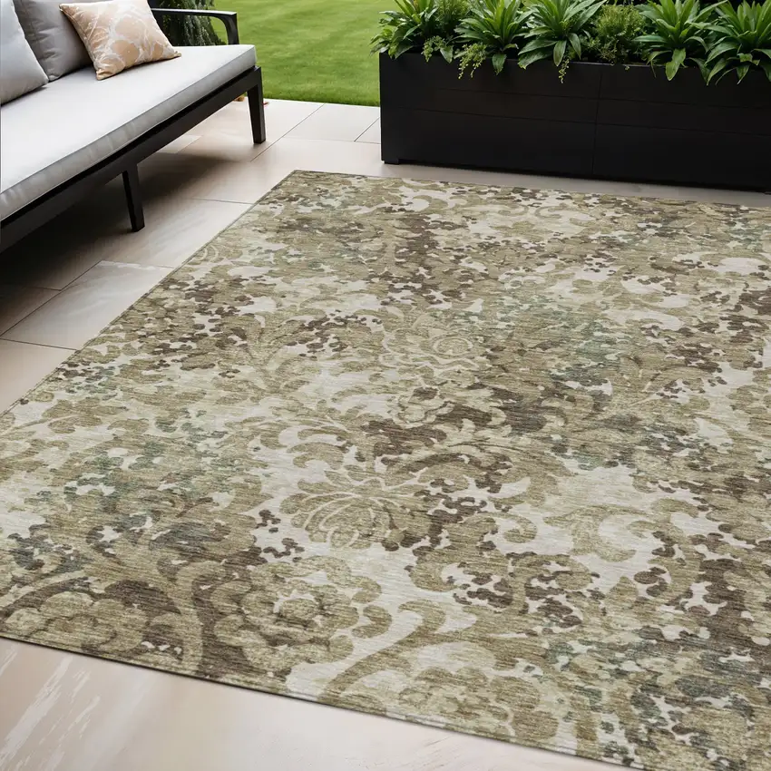 Beige Taupe And Brown Floral Washable Indoor Outdoor Area Rug Photo 1