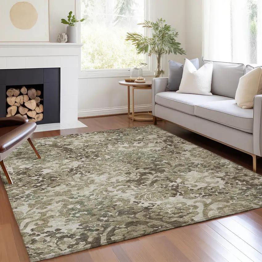 Beige Taupe And Brown Floral Washable Indoor Outdoor Area Rug Photo 6