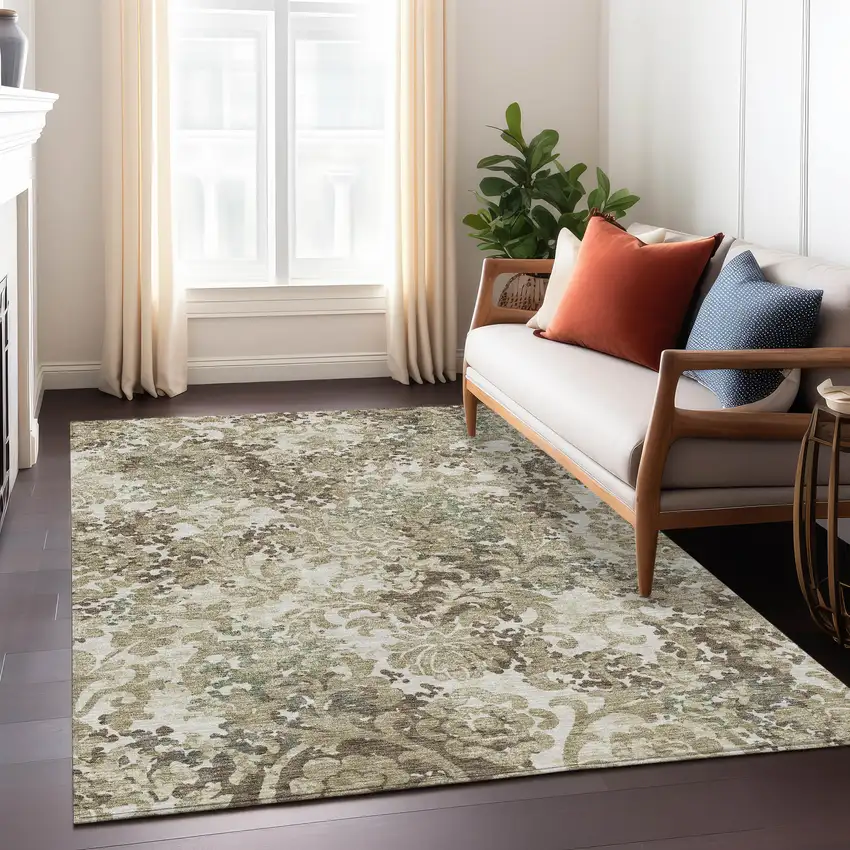 Beige Taupe And Brown Floral Washable Indoor Outdoor Area Rug Photo 7