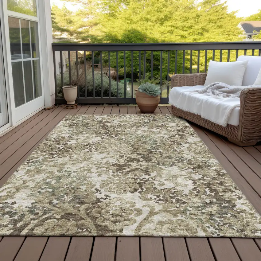 Beige Taupe And Brown Floral Washable Indoor Outdoor Area Rug Photo 5