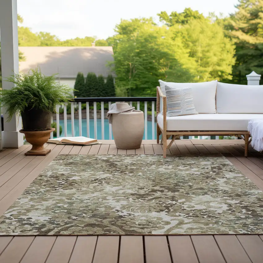 Beige Taupe And Brown Floral Washable Indoor Outdoor Area Rug Photo 8