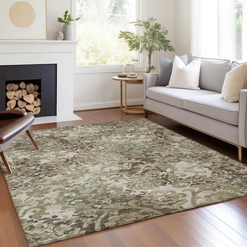 Beige Taupe And Brown Floral Washable Indoor Outdoor Area Rug Photo 7