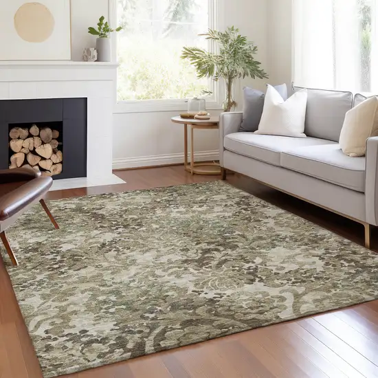Beige Taupe And Brown Floral Washable Indoor Outdoor Area Rug Photo 7