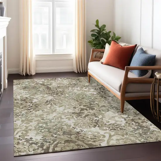 Beige Taupe And Brown Floral Washable Indoor Outdoor Area Rug Photo 8