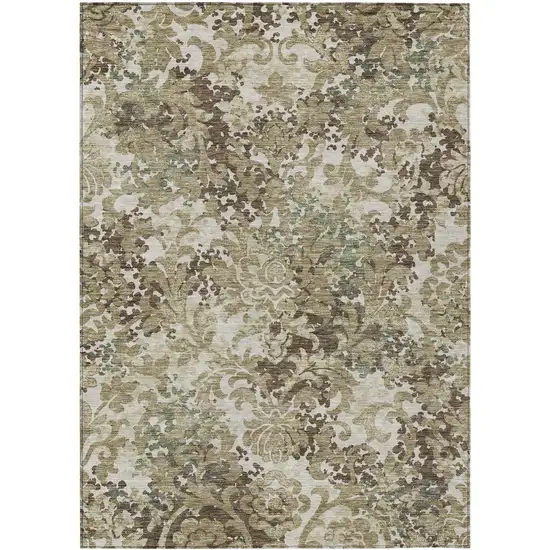 Beige Taupe And Brown Floral Washable Indoor Outdoor Area Rug Photo 1