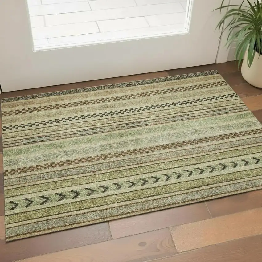 Beige Taupe And Brown Striped Washable Area Rug With UV Protection Photo 1
