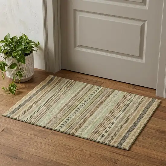 Beige Taupe And Brown Striped Washable Area Rug With UV Protection Photo 1