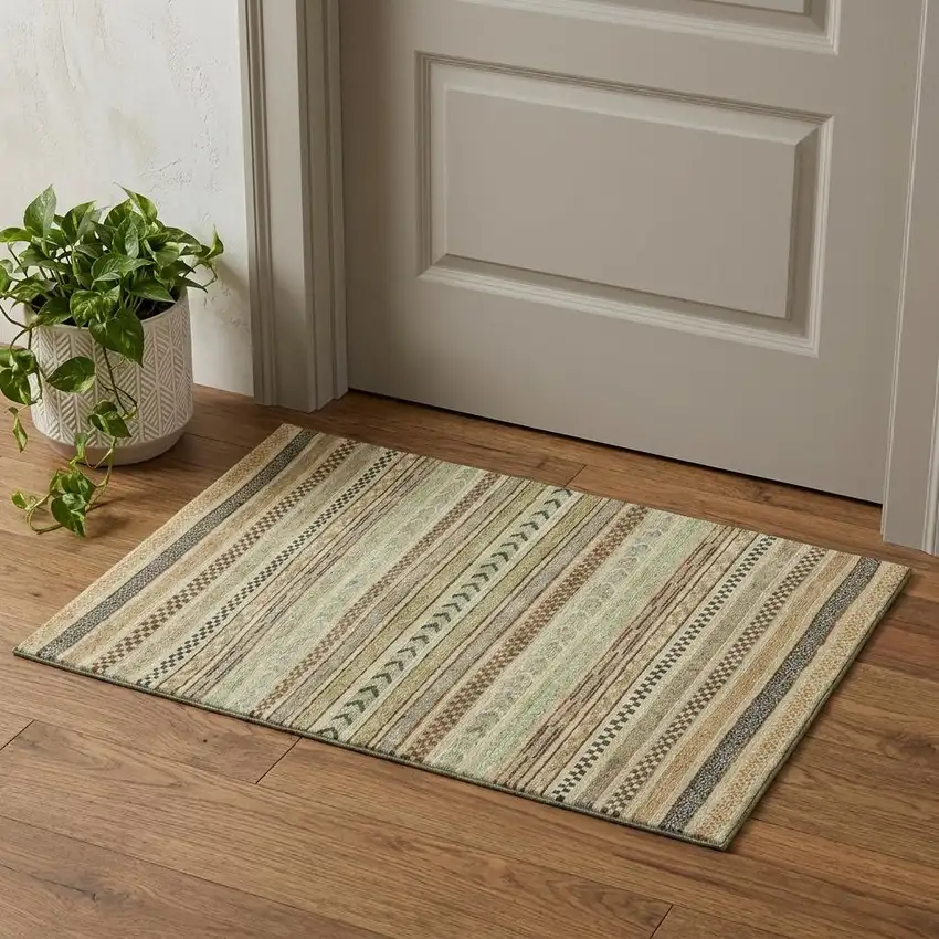 Beige Taupe And Brown Striped Washable Area Rug With UV Protection Photo 1