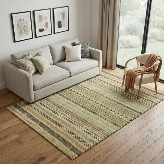 Beige Taupe And Brown Striped Washable Area Rug With UV Protection Photo 1