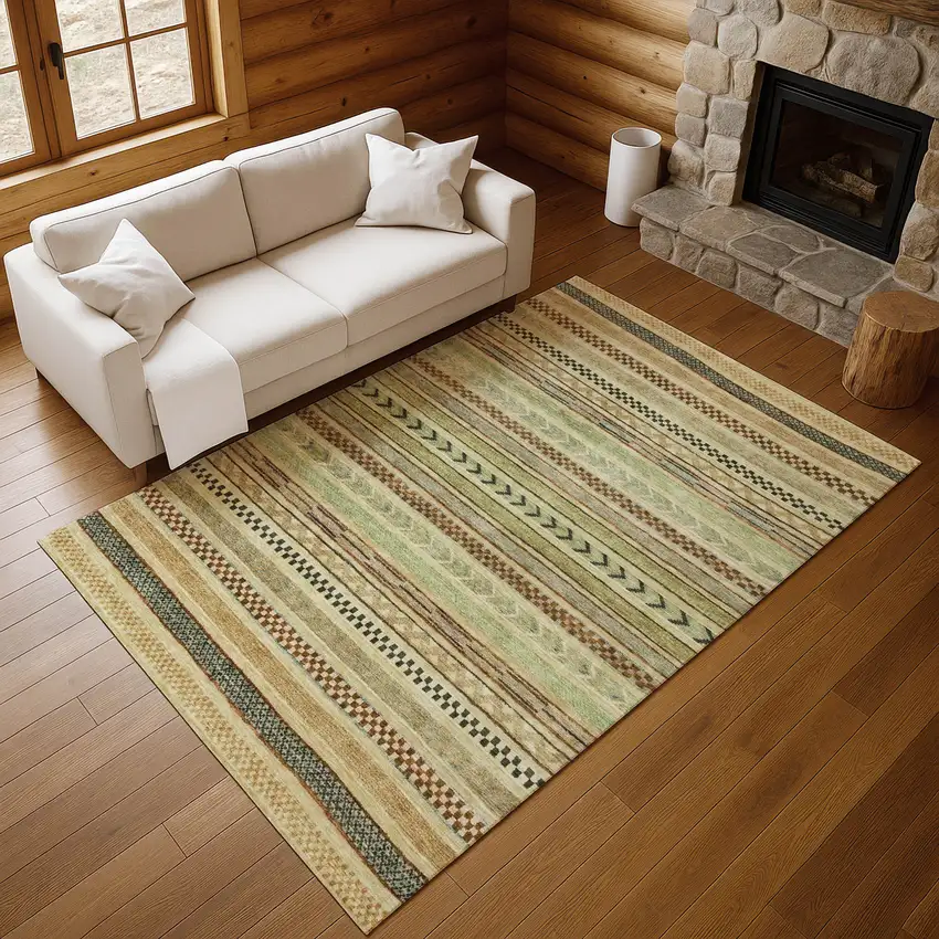 Beige Taupe And Brown Striped Washable Area Rug With UV Protection Photo 5