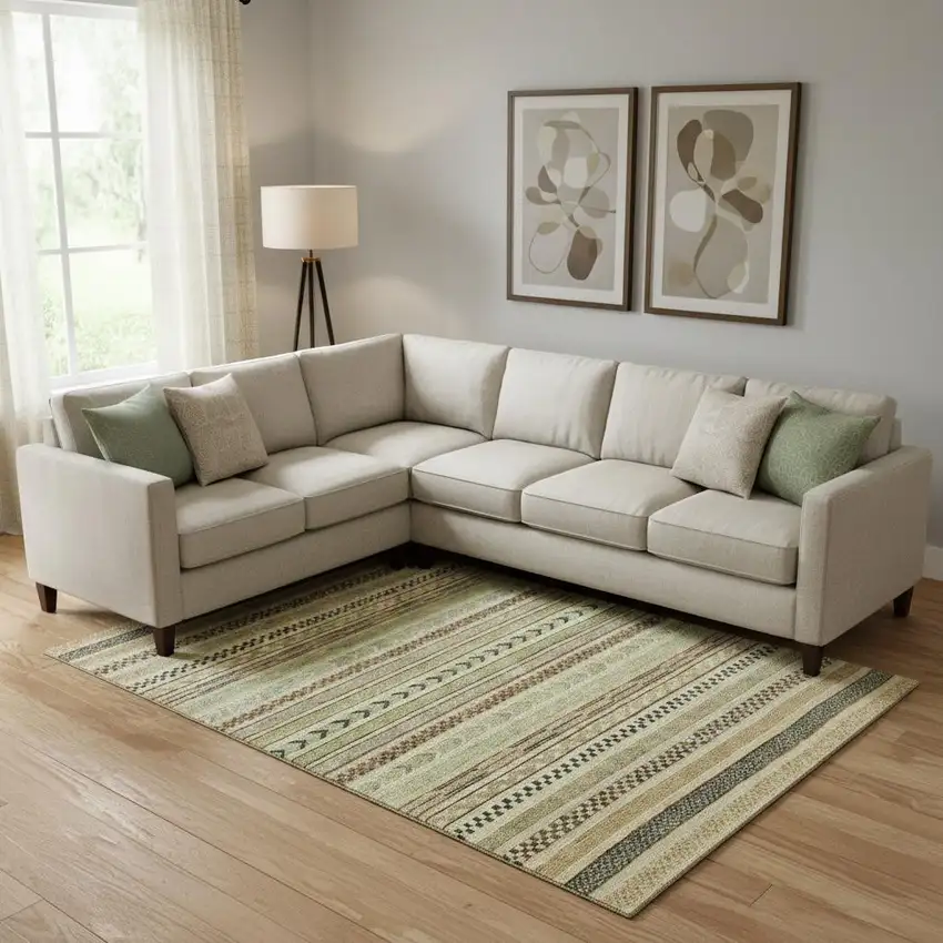 Beige Taupe And Brown Striped Washable Area Rug With UV Protection Photo 2