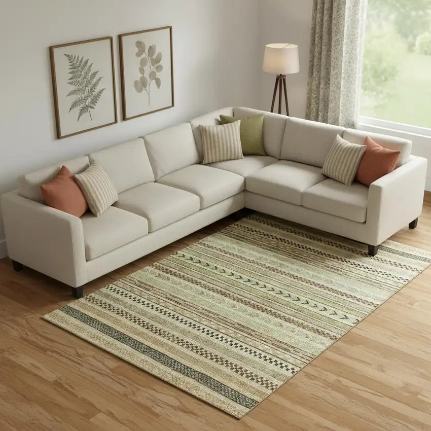 Beige Taupe And Brown Striped Washable Area Rug With UV Protection Photo 2