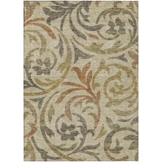 Beige Taupe And Copper Floral Washable Indoor Outdoor Area Rug Photo 2