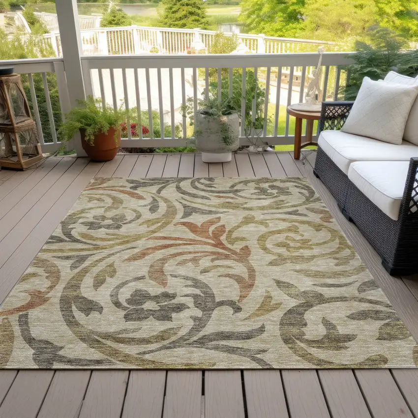 Beige Taupe And Copper Floral Washable Indoor Outdoor Area Rug Photo 7