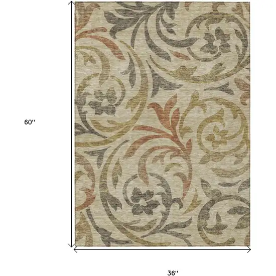 Beige Taupe And Copper Floral Washable Indoor Outdoor Area Rug Photo 7