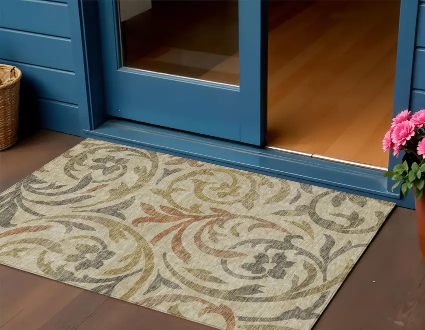 Beige Taupe And Copper Floral Washable Indoor Outdoor Area Rug Photo 1