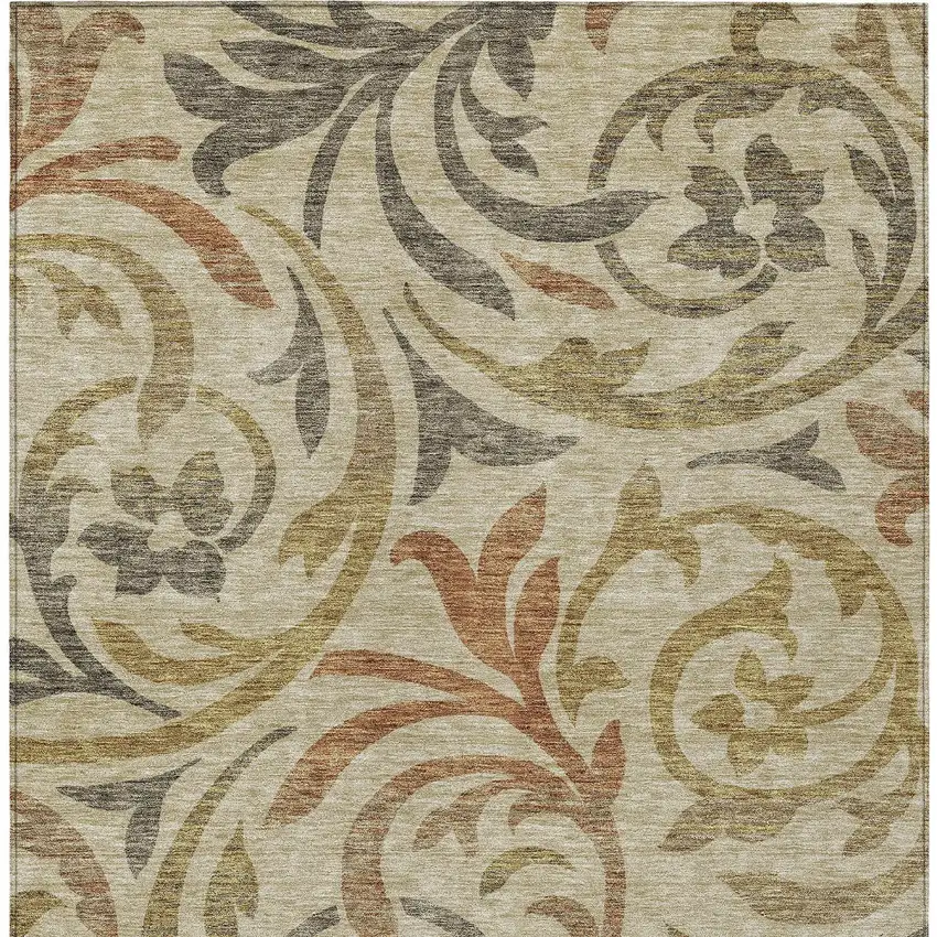 Beige Taupe And Copper Floral Washable Indoor Outdoor Area Rug Photo 5