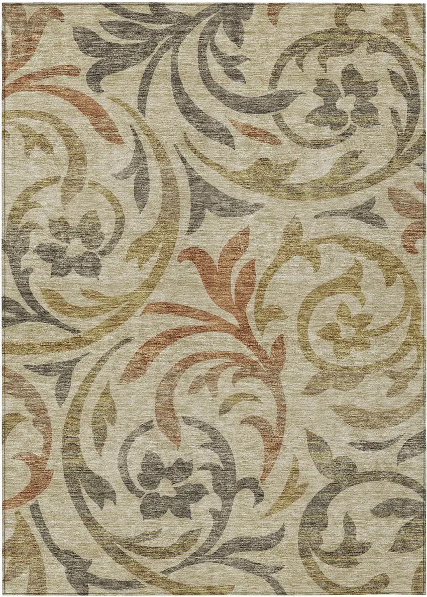 Beige Taupe And Copper Floral Washable Indoor Outdoor Area Rug Photo 1