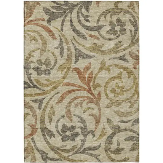 Beige Taupe And Copper Floral Washable Indoor Outdoor Area Rug Photo 1