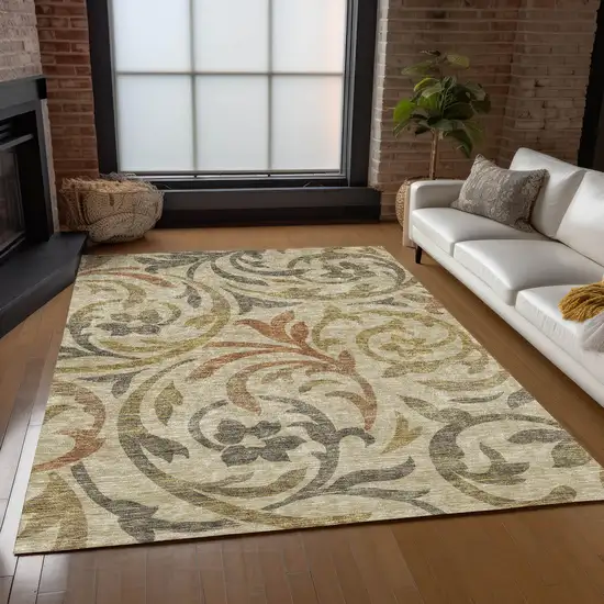 Beige Taupe And Copper Floral Washable Indoor Outdoor Area Rug Photo 8