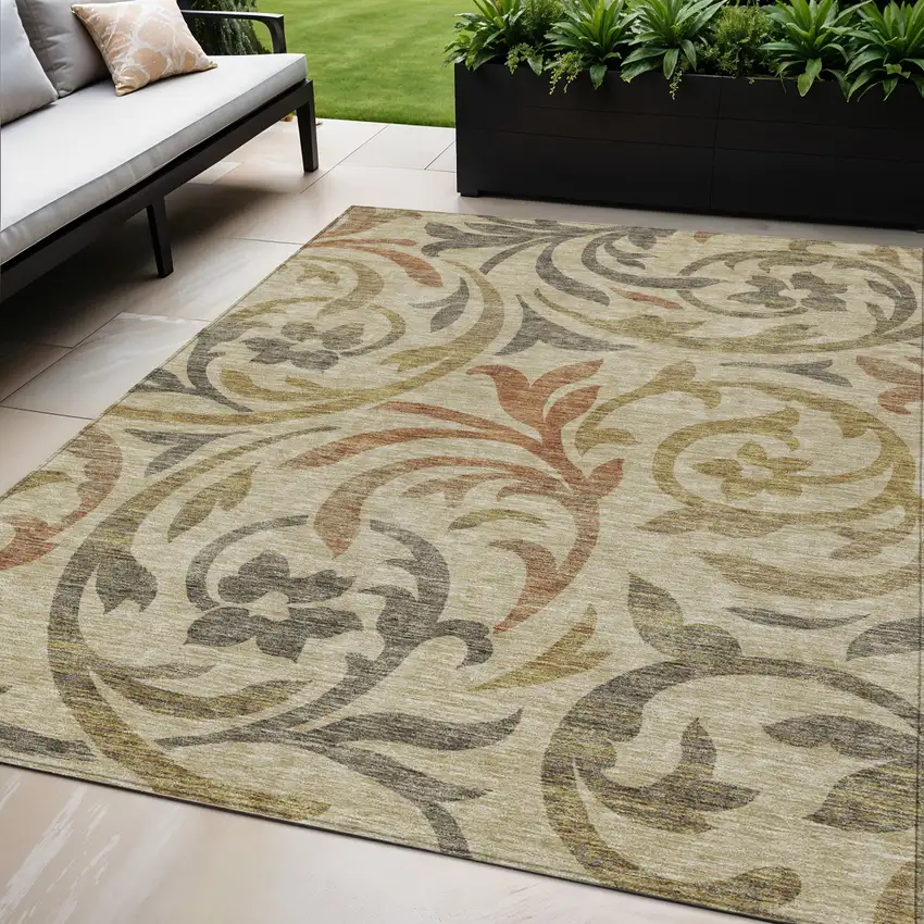 Beige Taupe And Copper Floral Washable Indoor Outdoor Area Rug Photo 1