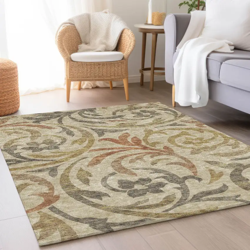 Beige Taupe And Copper Floral Washable Indoor Outdoor Area Rug Photo 7