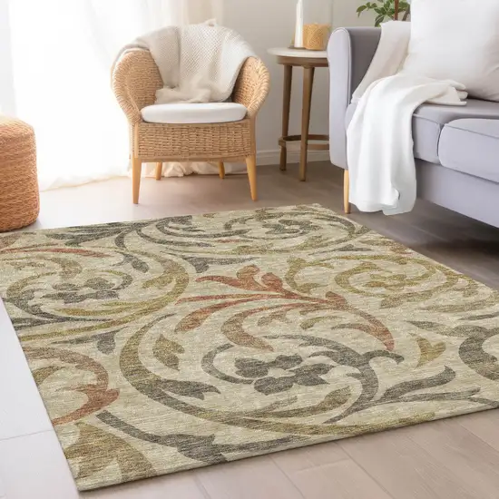 Beige Taupe And Copper Floral Washable Indoor Outdoor Area Rug Photo 7