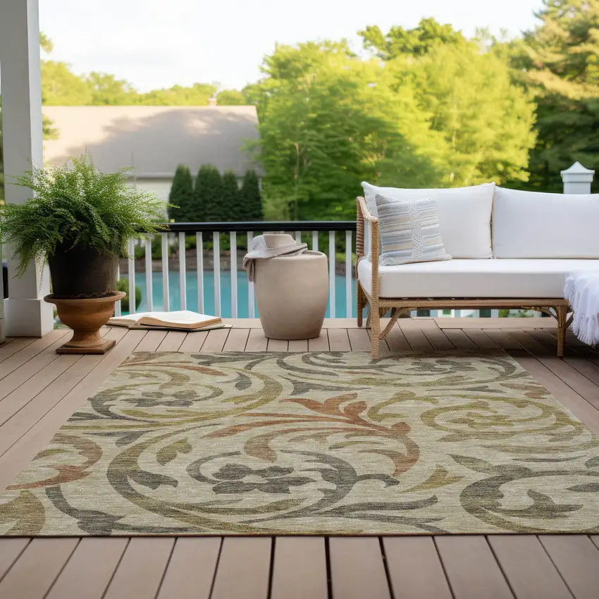 Beige Taupe And Copper Floral Washable Indoor Outdoor Area Rug Photo 9