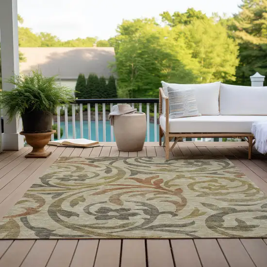 Beige Taupe And Copper Floral Washable Indoor Outdoor Area Rug Photo 9