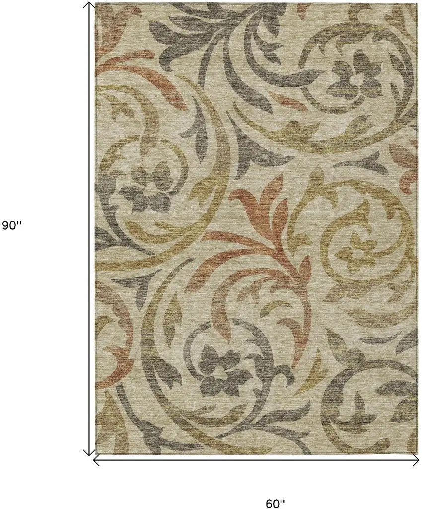 Beige Taupe And Copper Floral Washable Indoor Outdoor Area Rug Photo 3