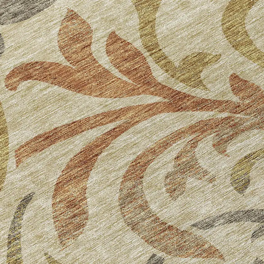 Beige Taupe And Copper Floral Washable Indoor Outdoor Area Rug Photo 8