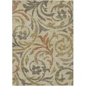 Photo of Beige Taupe And Copper Floral Washable Indoor Outdoor Area Rug