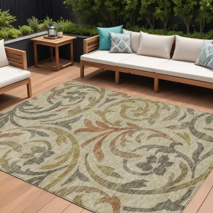 Beige Taupe And Copper Floral Washable Indoor Outdoor Area Rug Photo 1