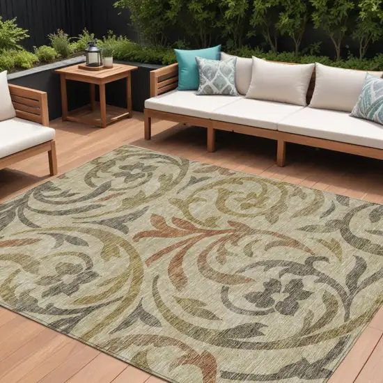 Beige Taupe And Copper Floral Washable Indoor Outdoor Area Rug Photo 1