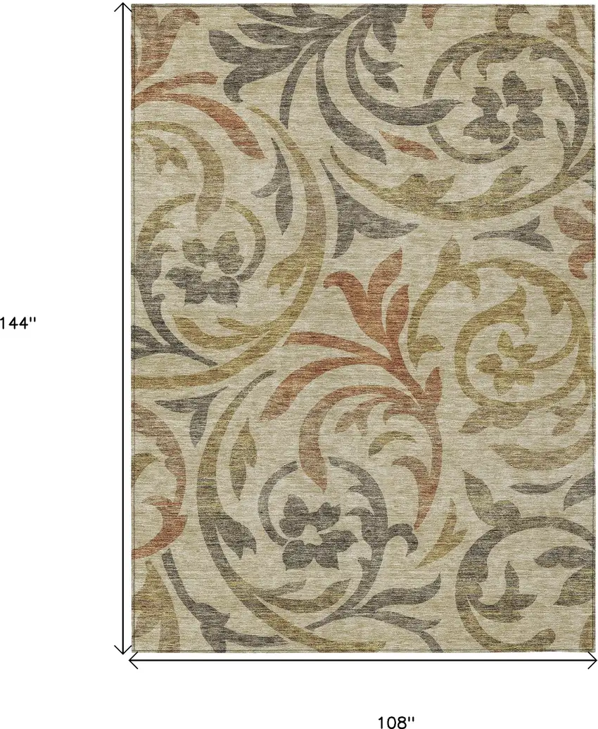 Beige Taupe And Copper Floral Washable Indoor Outdoor Area Rug Photo 3