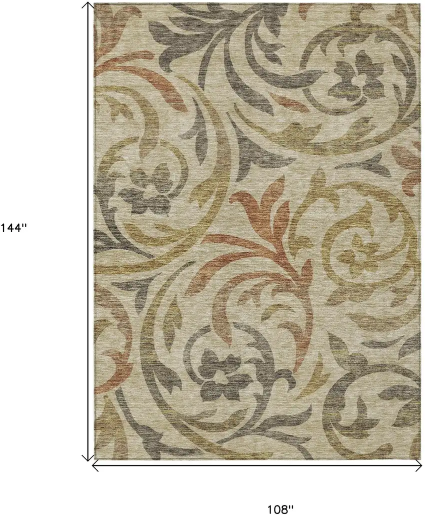 Beige Taupe And Copper Floral Washable Indoor Outdoor Area Rug Photo 3