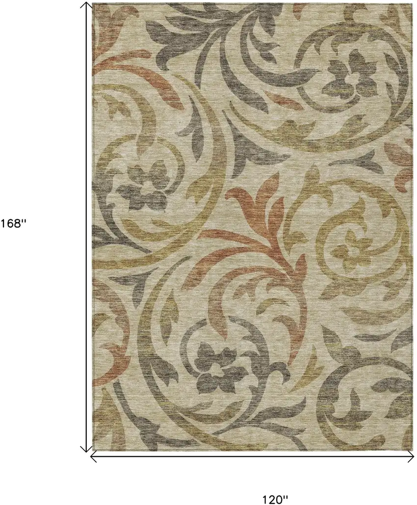 Beige Taupe And Copper Floral Washable Indoor Outdoor Area Rug Photo 3