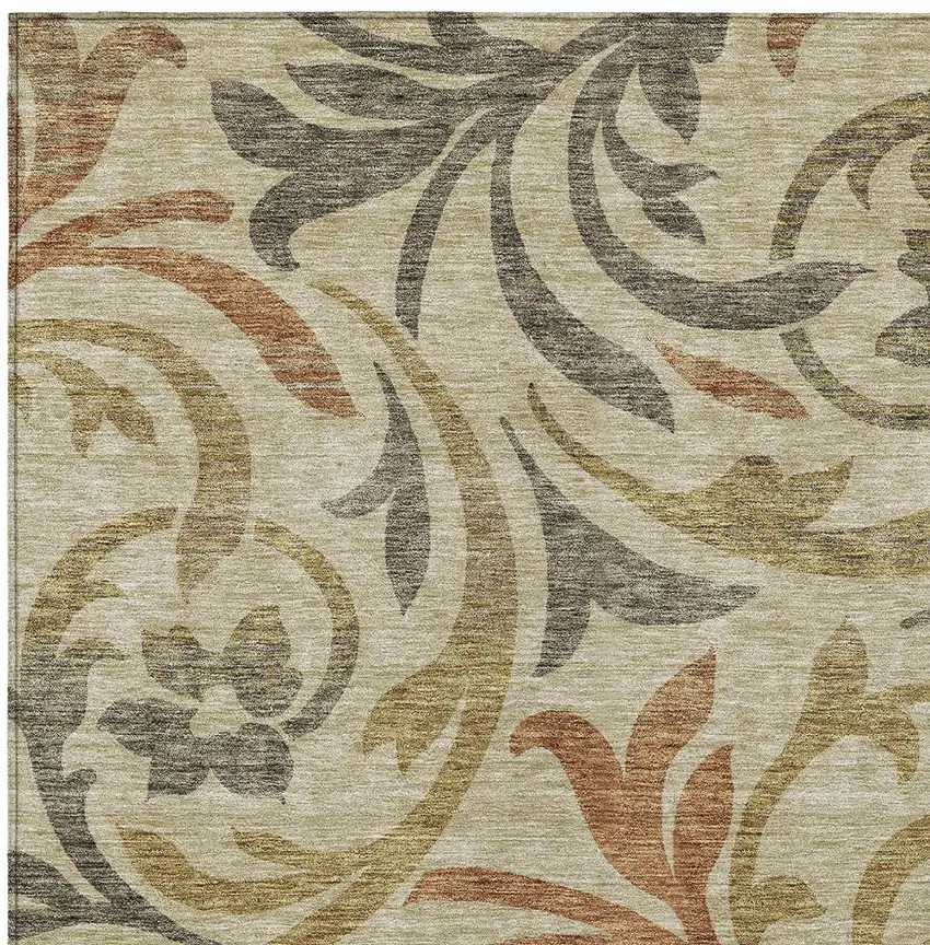 Beige Taupe And Copper Floral Washable Indoor Outdoor Area Rug Photo 4