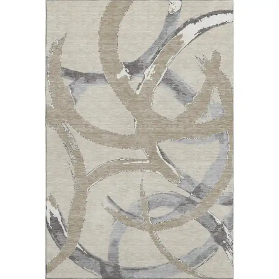 Beige Taupe And Gray Abstract Washable Area Rug With UV Protection Photo 6
