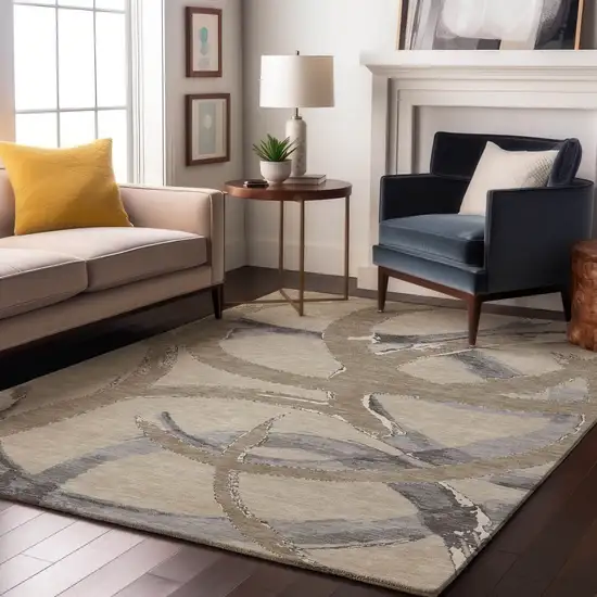 Beige Taupe And Gray Abstract Washable Area Rug With UV Protection Photo 4