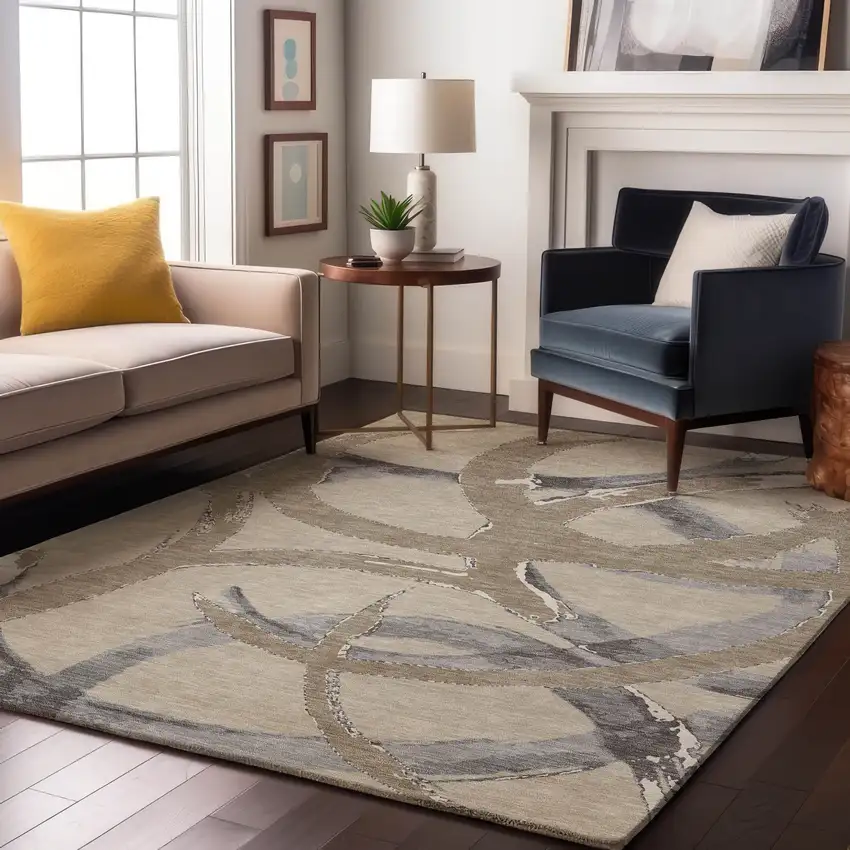 Beige Taupe And Gray Abstract Washable Area Rug With UV Protection Photo 4