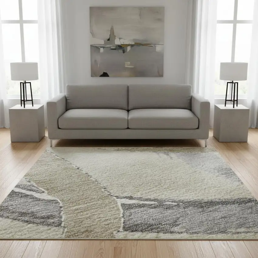 Beige Taupe And Gray Abstract Washable Area Rug With UV Protection Photo 2