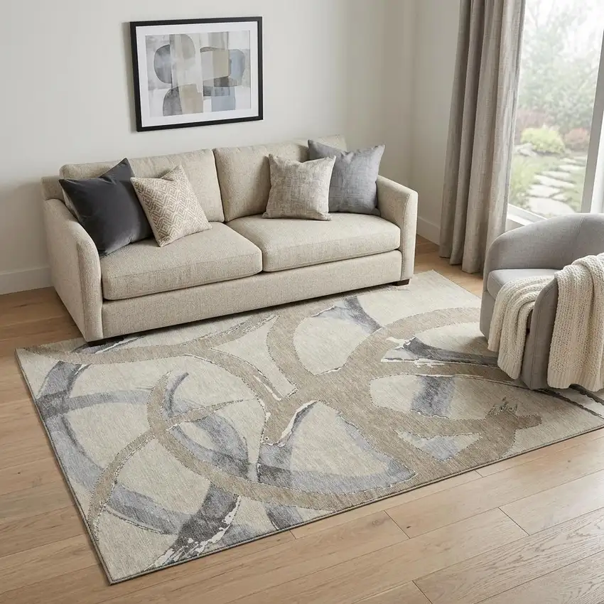 Beige Taupe And Gray Abstract Washable Area Rug With UV Protection Photo 1