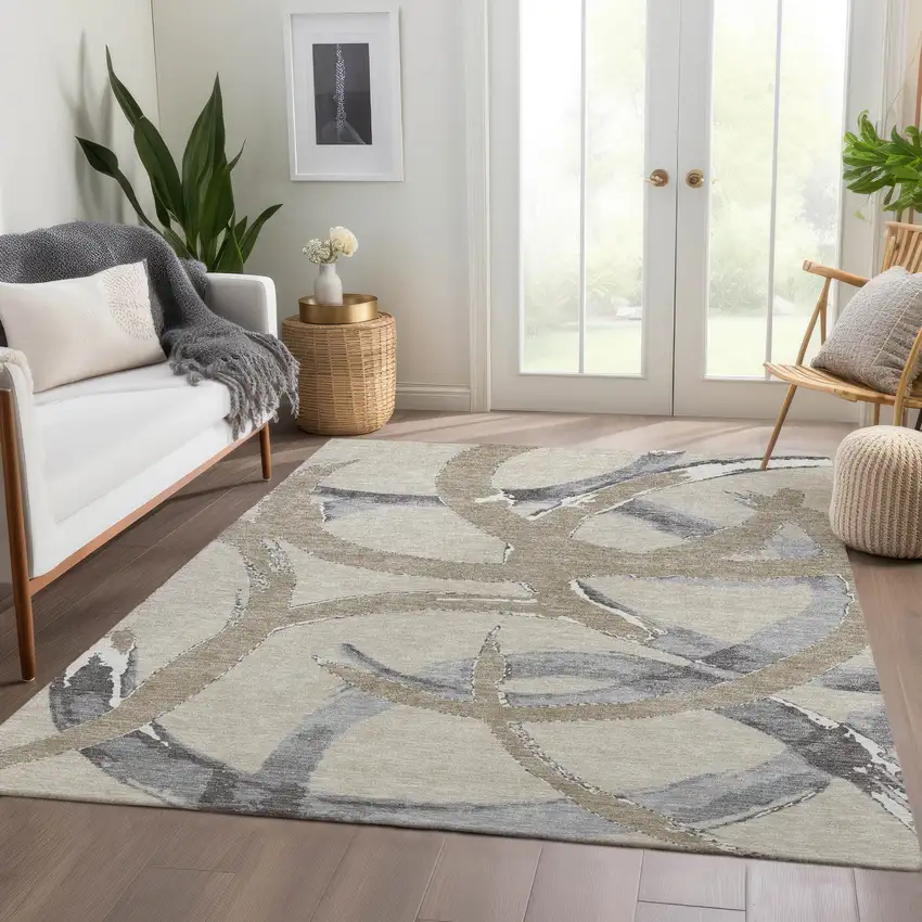 Beige Taupe And Gray Abstract Washable Area Rug With UV Protection Photo 4