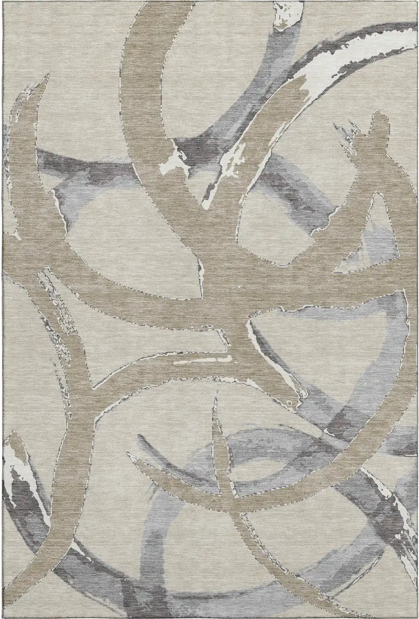 Beige Taupe And Gray Abstract Washable Area Rug With UV Protection Photo 5