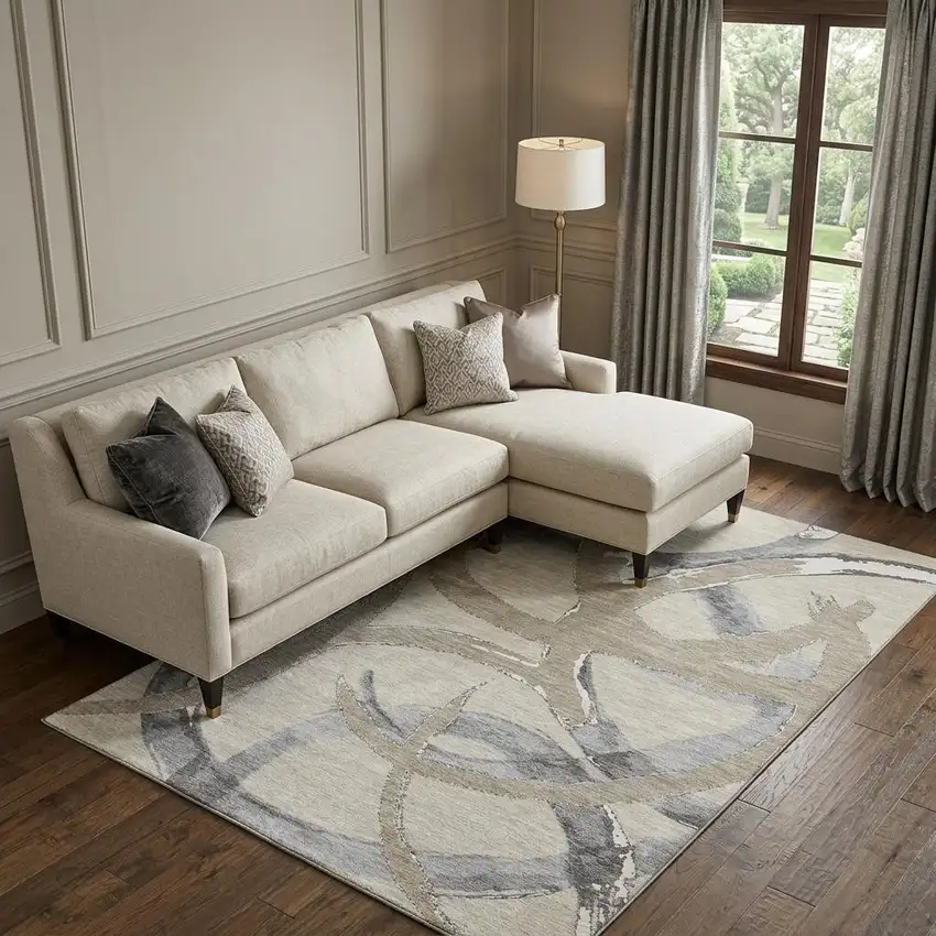 Beige Taupe And Gray Abstract Washable Area Rug With UV Protection Photo 1