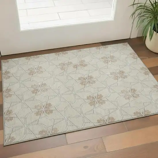 Beige Taupe And Gray Geometric Washable Area Rug With UV Protection Photo 2