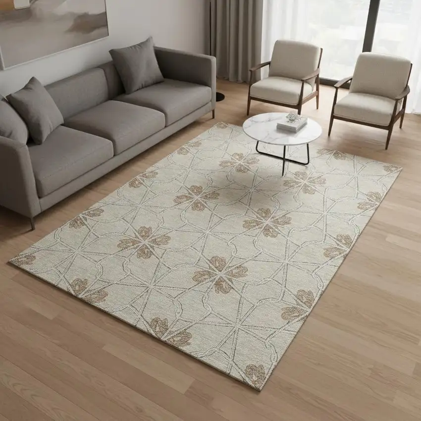 Beige Taupe And Gray Geometric Washable Area Rug With UV Protection Photo 2