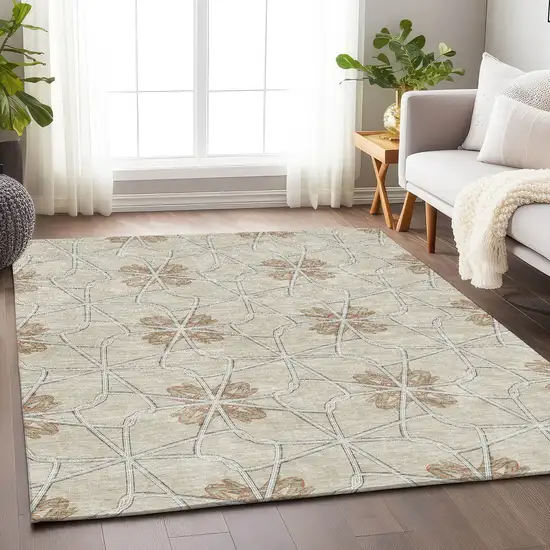 Beige Taupe And Gray Geometric Washable Area Rug With UV Protection Photo 3